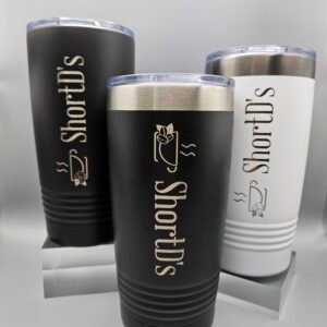 ShortD's 20 oz stainless steel tumbler featuring the signature logo, designed for keeping coffee hot or cold on the go.